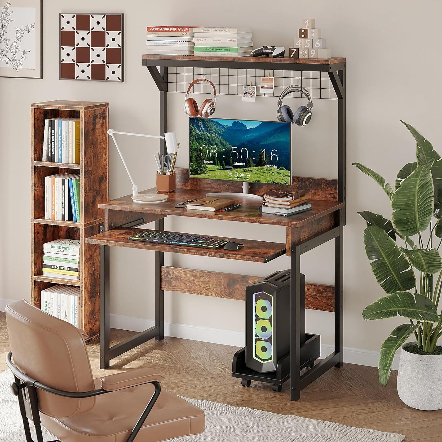 31.5" Small Computer Desk with Hutch, Office Desk Study Table Writing Desk Workstation PC Table for Home Office, Space Saving Design