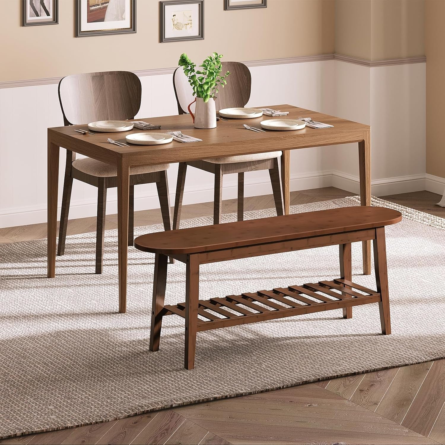 Dining Bench, 2-Tier Bamboo Farmhouse Entryway Bench, Indoor Storage Wooden Bench for Living Room, Dining Room, Hallway, Bedroom, Entryway, Bathroom, Brown BR06CD01