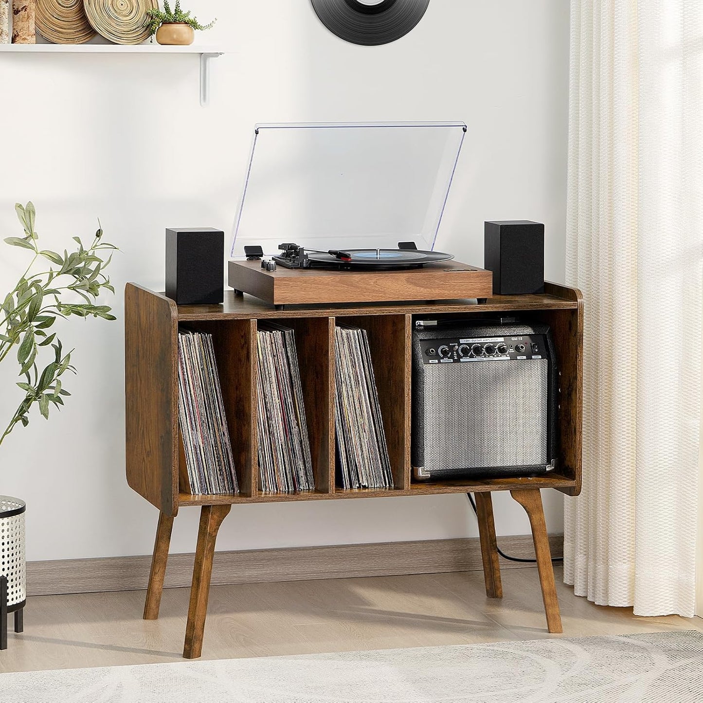 Record Player Stand with Charging Station Holds up to 220 Albums, Brown Turntable Stand with 4 Cabinet, Large Mid-Century Record Player Table,Vinyl Holder Storage for Bedroom Living Room