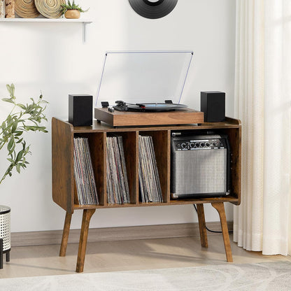 Record Player Stand with Charging Station Holds up to 220 Albums, Brown Turntable Stand with 4 Cabinet, Large Mid-Century Record Player Table,Vinyl Holder Storage for Bedroom Living Room