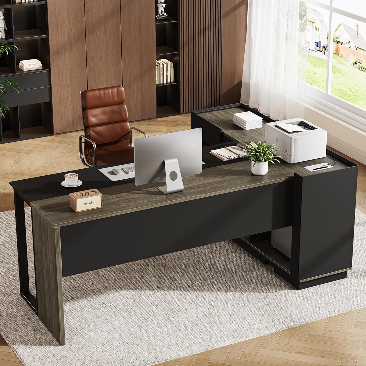 70" Executive Desk with Cabinet Storage, L-Shaped Office Desk with 3 Drawers and Shelves, Large Computer Desk Business Furniture for Home Office (Gray & Black)