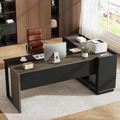 70" Executive Desk with Cabinet Storage, L-Shaped Office Desk with 3 Drawers and Shelves, Large Computer Desk Business Furniture for Home Office (Gray & Black)