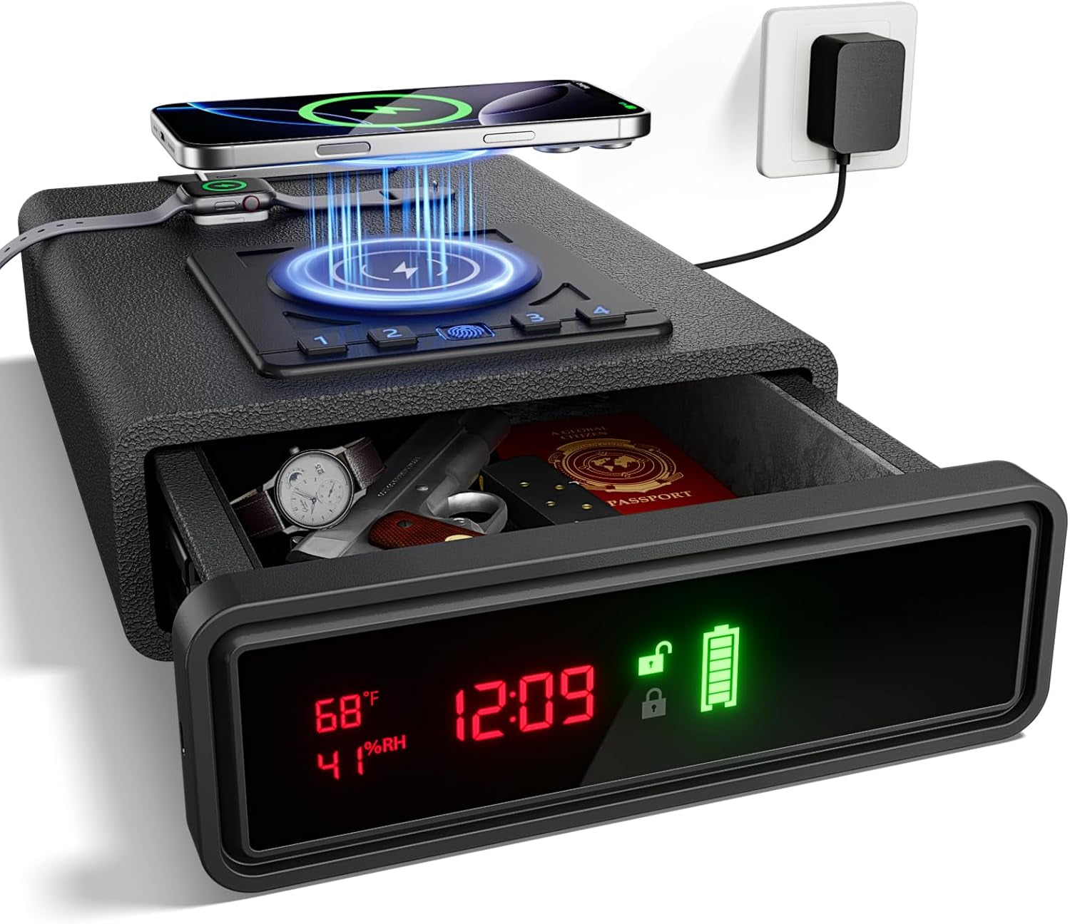 Biometric Alarm Clock Safe with Wireless Charging for Phone and Watch, 3 Quick Access Stopbox with Fingerprint Backlit Keypad - Compact Nightstand Drawer with LED Light, 24/7 Digital Clock, Bedside