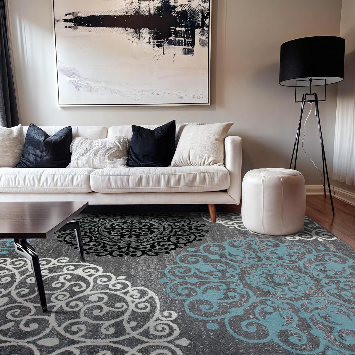 Modern Floral Scroll Area Rug, Fade-Resistant Carpet for Bedroom, Office, or Living Room, Gray, 6'6" x 9'