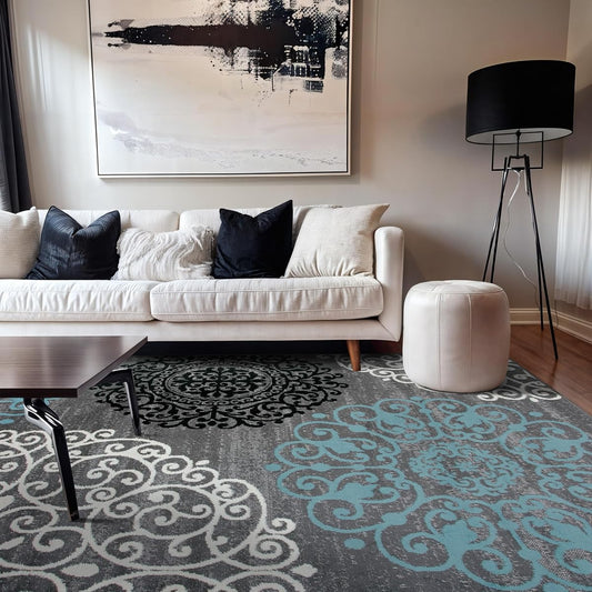 Modern Floral Scroll Area Rug, Fade-Resistant Carpet for Bedroom, Office, or Living Room, Gray, 6'6" x 9'