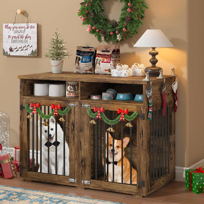 Dog Crate Furniture for 2 Dogs, 55 Inch Dog Crate Indoor with Removable Divider and Shelf Storage, Wooden Dog Crates for Medium Dogs, White