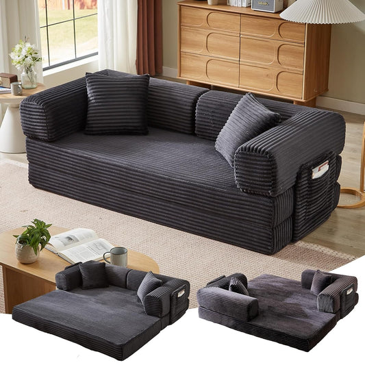 81 Inch Convertible Futon Sofa Bed,Fold Out Floor Sofa Couch with Fixed-Shape Frame,Corduroy Foldable Mattress Pull-Out Couches for Living Room (Dark Grey)