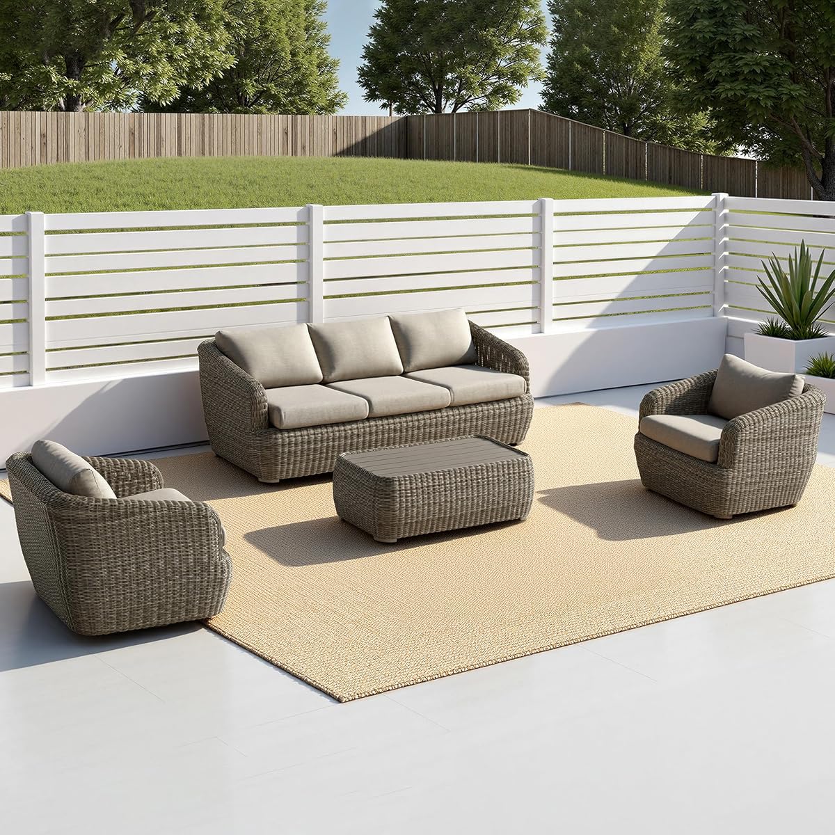 CHITA 4-Pieces Outdoor Wicker Furniture Set, Patio Conversation Set, Brown | 360° Swivel Chairs, Resin Wicker, Steel Frame, 5.1" Thick Cushion, Olefin Fabric Covers, 350 Lb Chair Capacity