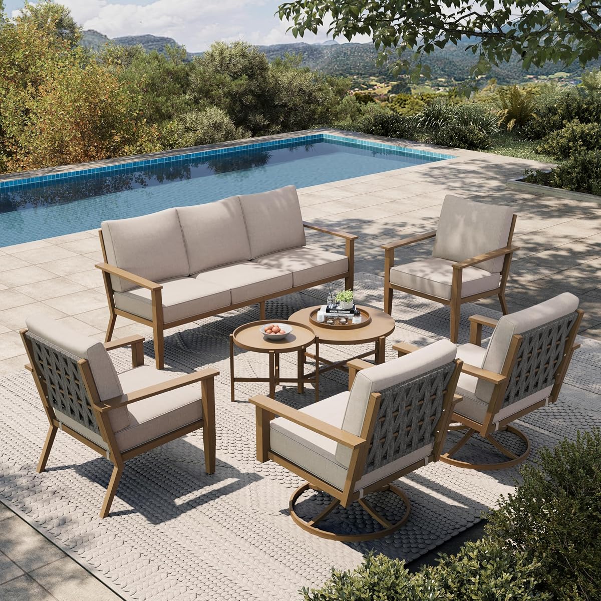 Patio Furniture Set 7-Piece, Metal Outdoor Conversation Set with Wood Grain Finish, 2 x Leg Chair, 2 x Swivel Chair, 1 x 3-Seat Sofa, 2 x Multi-Functional Coffee Table Garden Deck Lawn