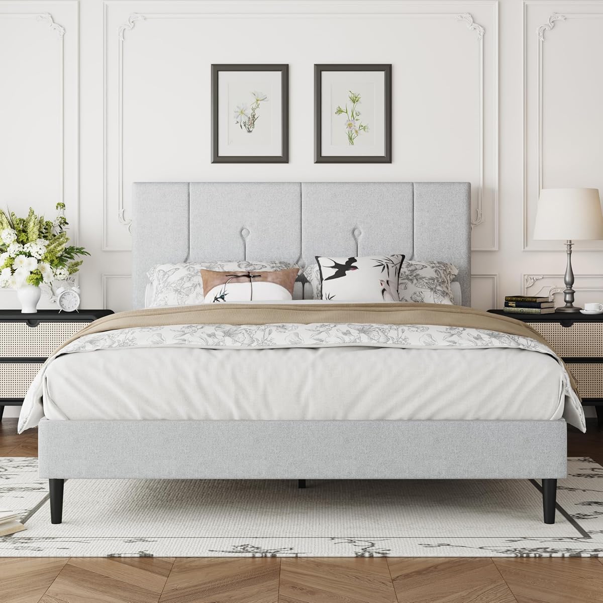Queen Velvet Headboard Bed Frame Light Grey