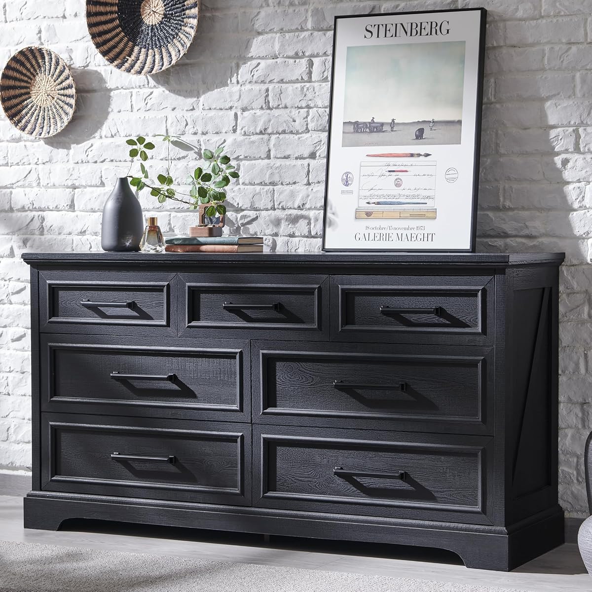 7 Drawer Dresser, 52" Wide Farmhouse Chest for Bedroom, Black
