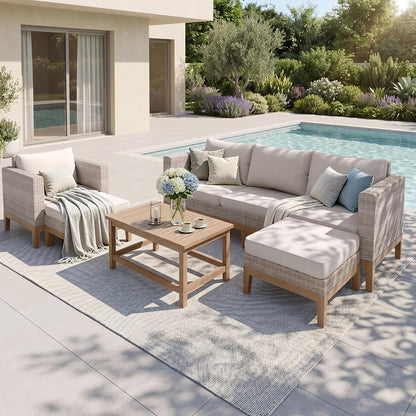 Patio Furniture Set, 5-Piece Wicker Patio Conversation Set, Rattan Outdoor Sectional Sofas with Ottomans & Wooden Coffee Table, Beige