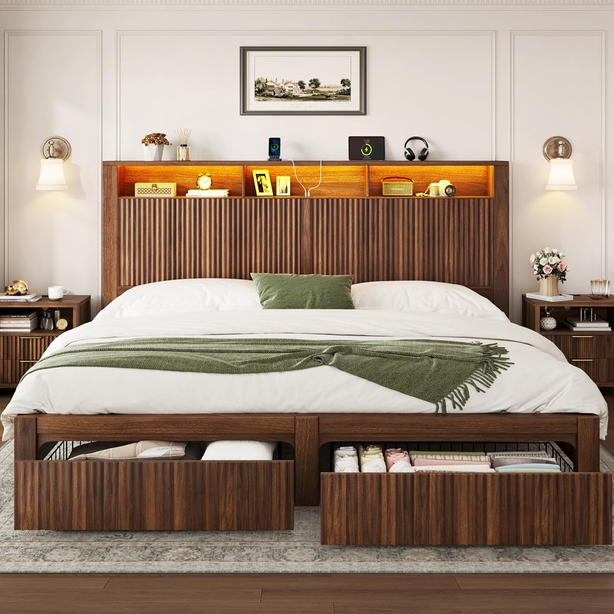 King Size Bed Frame and Headboard& 2 Storage Drawers, Walnut
