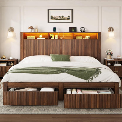 King Size Bed Frame and Headboard& 2 Storage Drawers, Walnut