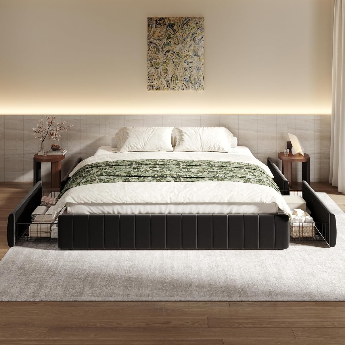 King Size Velvet Upholstered Platform Bed Frame with 4 Storage Drawers