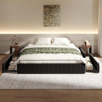 King Size Velvet Upholstered Platform Bed Frame with 4 Storage Drawers