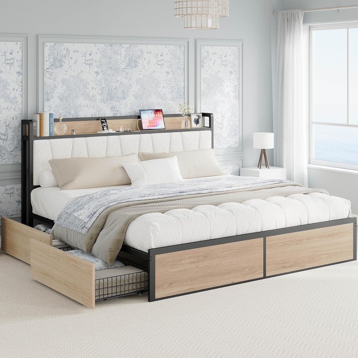 King Size Bed Frame with 4 Storage Drawers and Charged Headboard