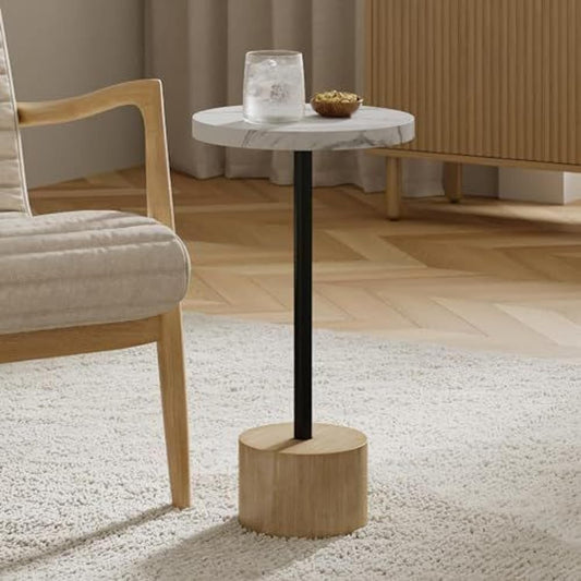Round Metal Drink Table, Pedestal Drink Desk, Modern Home, Bedroom, and Living Room Furniture, Small Metal Side Table with Cylindrical Light Brown Base, Pedestal Desk (Faux Marble Top)