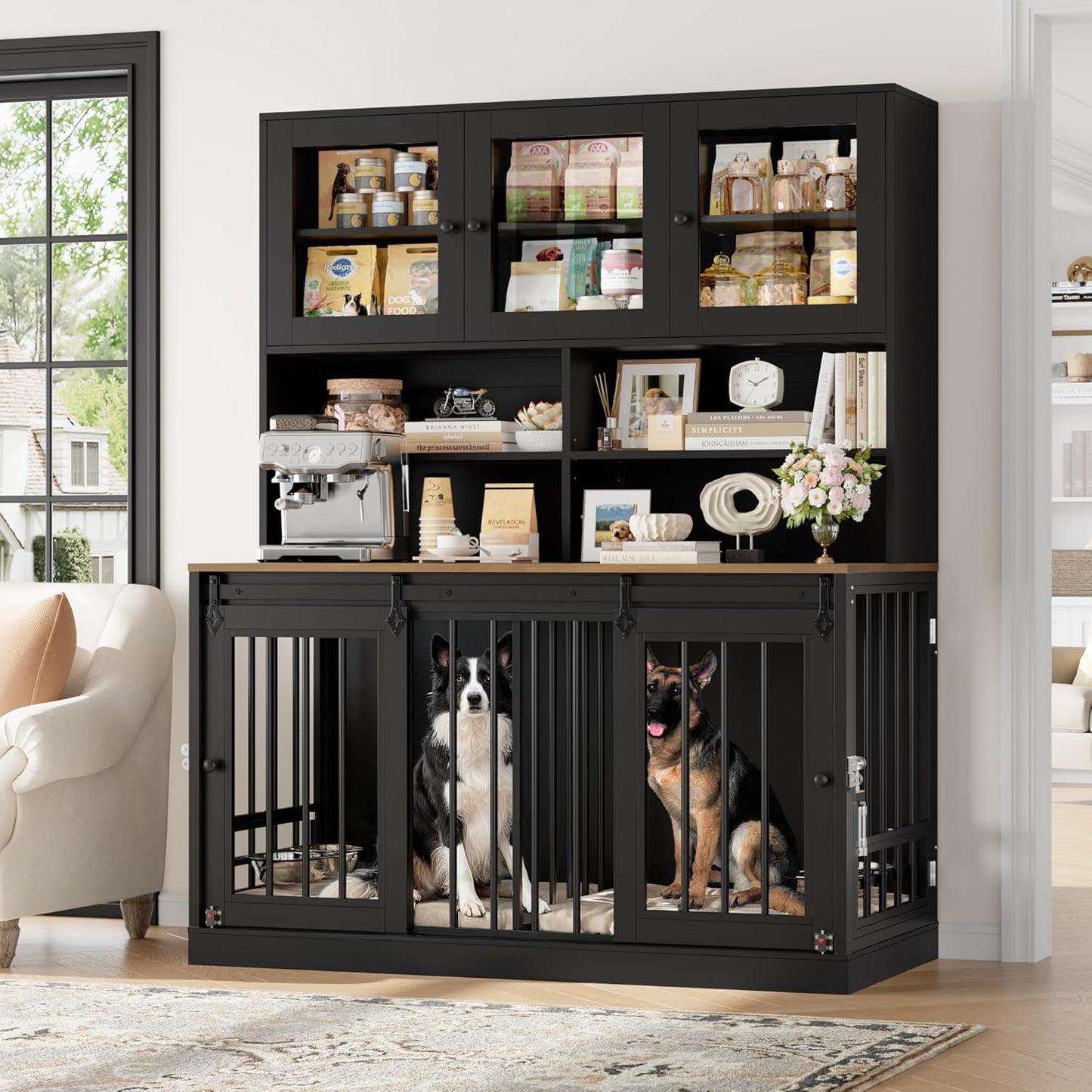 71"H X 55"L Large Dog Crate Furniture with Hutch Shelf and Glass Door, Indoor Dog Kennel with Divider and Feeding Bowls for Large Dogs 2 Pets, Heavy Duty Dog Cage Pet House with 4 Doors, Black
