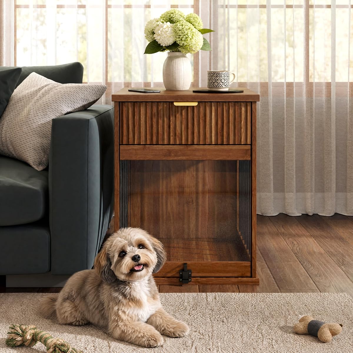 Dog Crate End Side Table with Charging Station, Lockable Door and Drawer