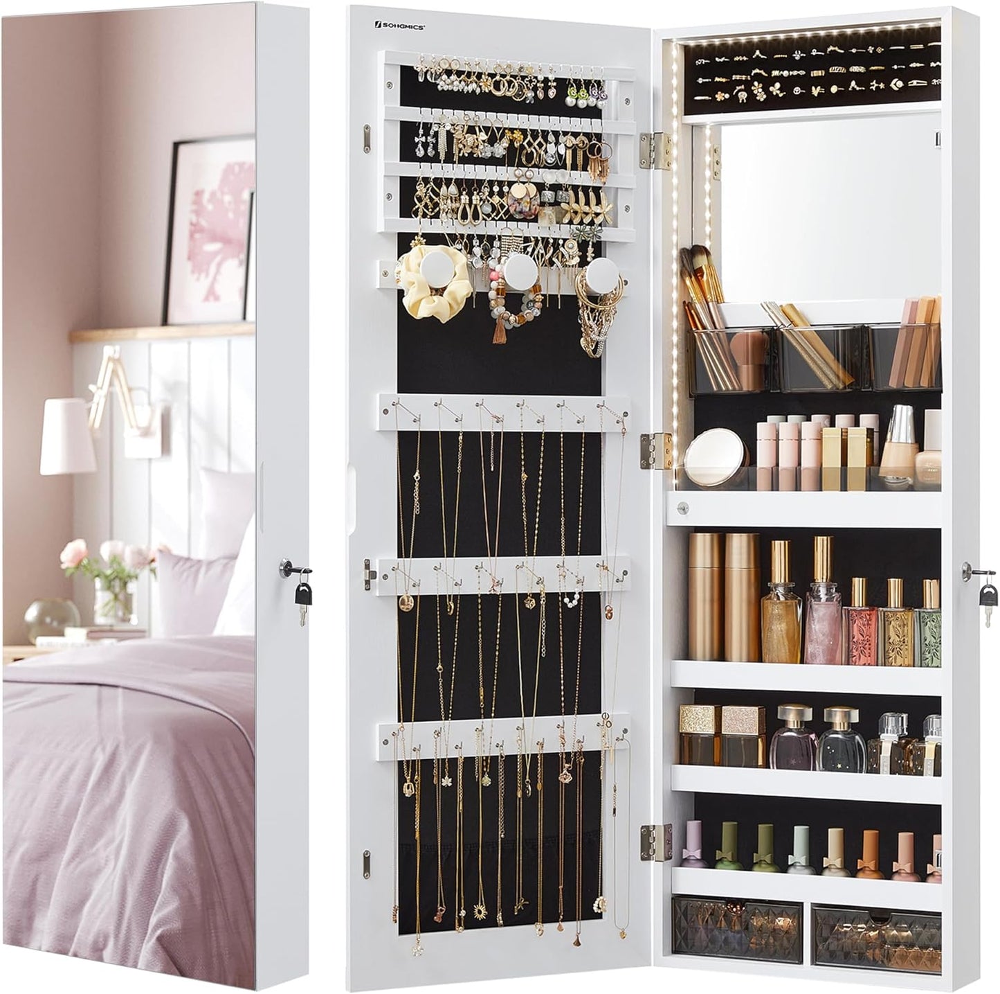 Mirror Jewelry Cabinet Armoire Organizer, Wall or Door Mount Storage Cabinet with Full-Length Frameless Lighted Mirror, Built-In Makeup Mirror, 2 Drawers, Lockable, White UJJC013W01