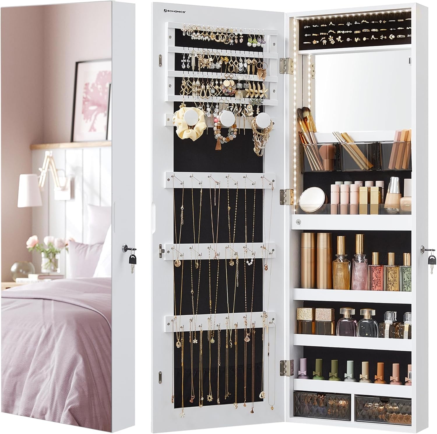 Mirror Jewelry Cabinet Armoire Organizer, Wall or Door Mount Storage Cabinet with Full-Length Frameless Lighted Mirror, Built-In Makeup Mirror, 2 Drawers, Lockable, White UJJC013W01