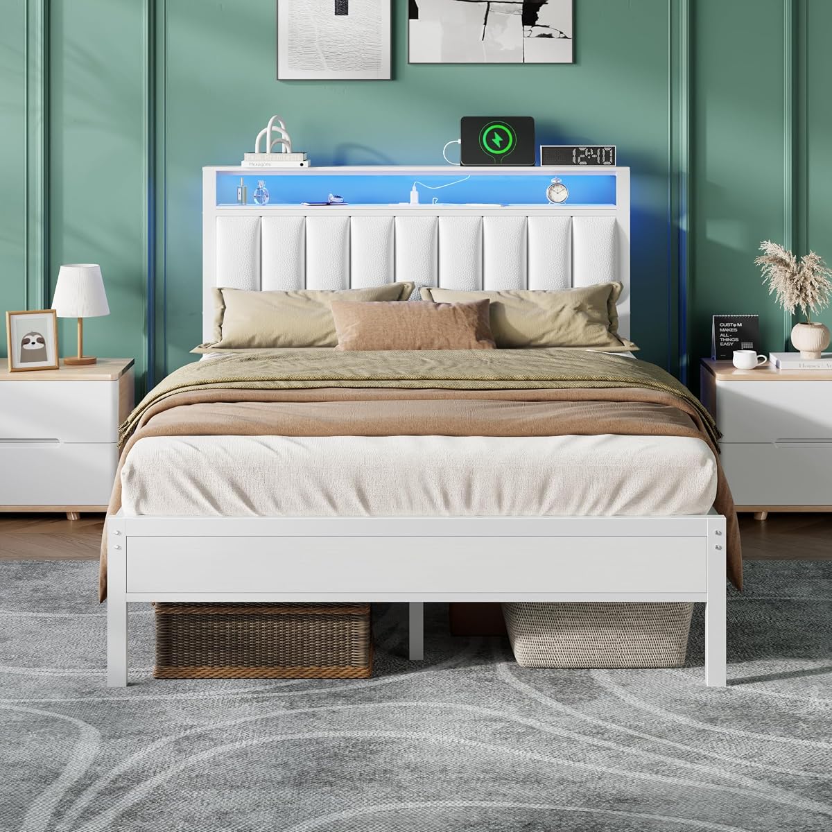White Full Size Bed Frame with Charging Station & LED Lights
