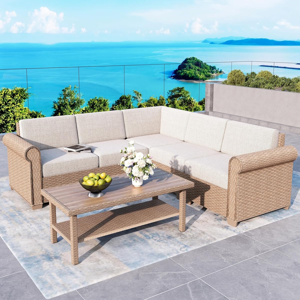 Patio Furniture Set 6 Piece, Wicker Rattan Sectional Sofa Couch with 5.5" Thick Waterproof Cushion and Coffee Table, L Shape All Weather Outdoor Conversation Set for Lawn Backyard Deck, Beige
