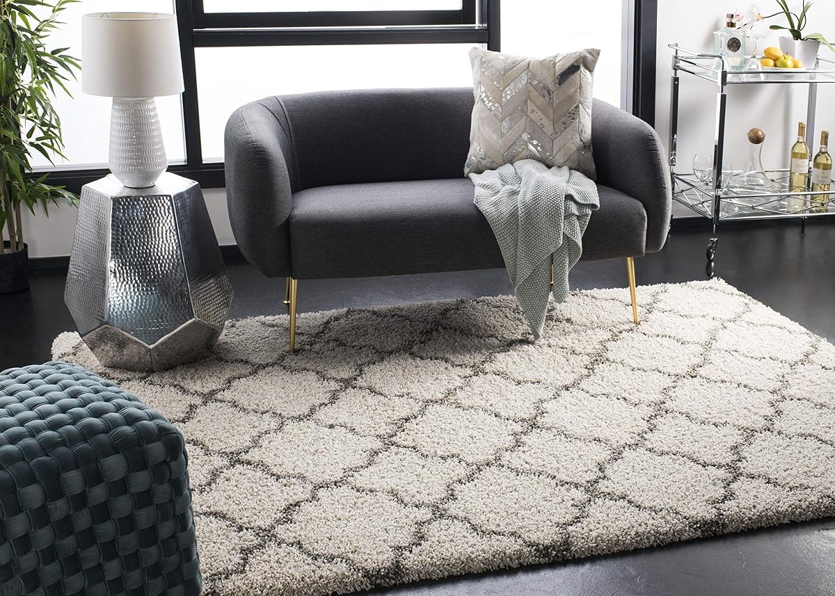 SAFAVIEH Hudson Shag Collection Area Rug - 10' x 14', Ivory & Grey, Moroccan Trellis Design, Non-Shedding & Easy Care, 2-inch Thick Ideal for High Traffic Areas in Living Room, Bedroom (SGH282A)
