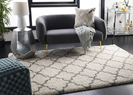 SAFAVIEH Hudson Shag Collection Area Rug - 10' x 14', Ivory & Grey, Moroccan Trellis Design, Non-Shedding & Easy Care, 2-inch Thick Ideal for High Traffic Areas in Living Room, Bedroom (SGH282A)