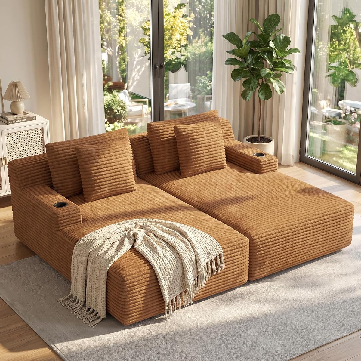 80'' Double Chaise Lounge Chair Indoor, Non-Assembly Deep Seat Sofa with Cup Holders Boneless Bed with 4pcs Pillows for Living Room Bedroom, Camel-Corduroy