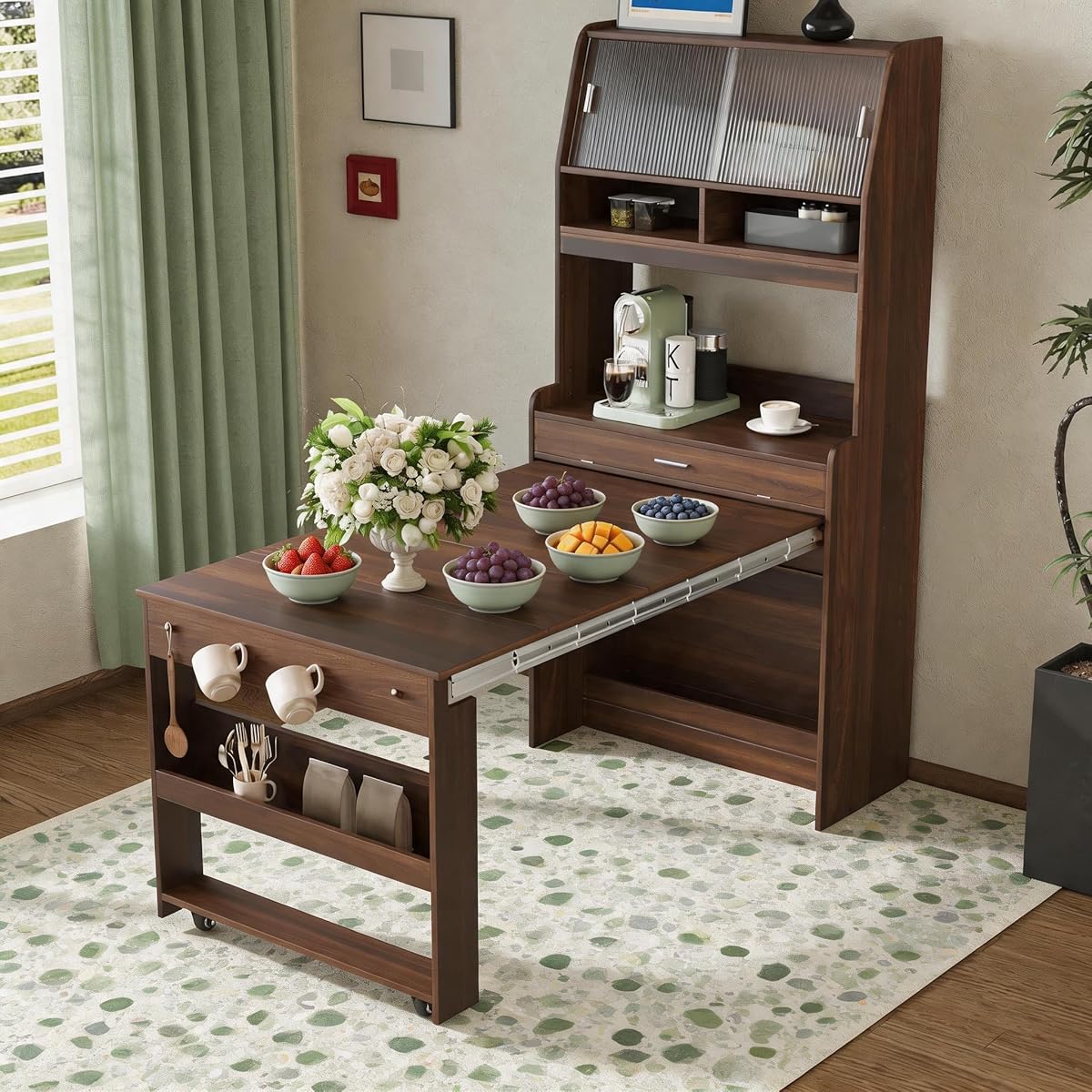 Kitchen Buffet with Hutch, 33.5-inch Sideboard Cabinet with Foldable Drop-Leaf Dining Table, Storage Shelves and Hooks for Small Spaces, Apartment (Walnut Wood+MDF + Farmhouse)