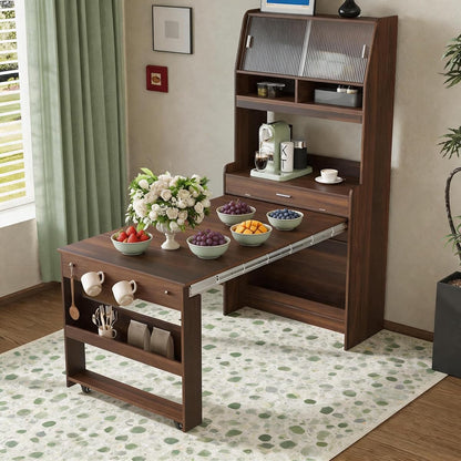 Kitchen Buffet with Hutch, 33.5-inch Sideboard Cabinet with Foldable Drop-Leaf Dining Table, Storage Shelves and Hooks for Small Spaces, Apartment (Walnut Wood+MDF + Farmhouse)
