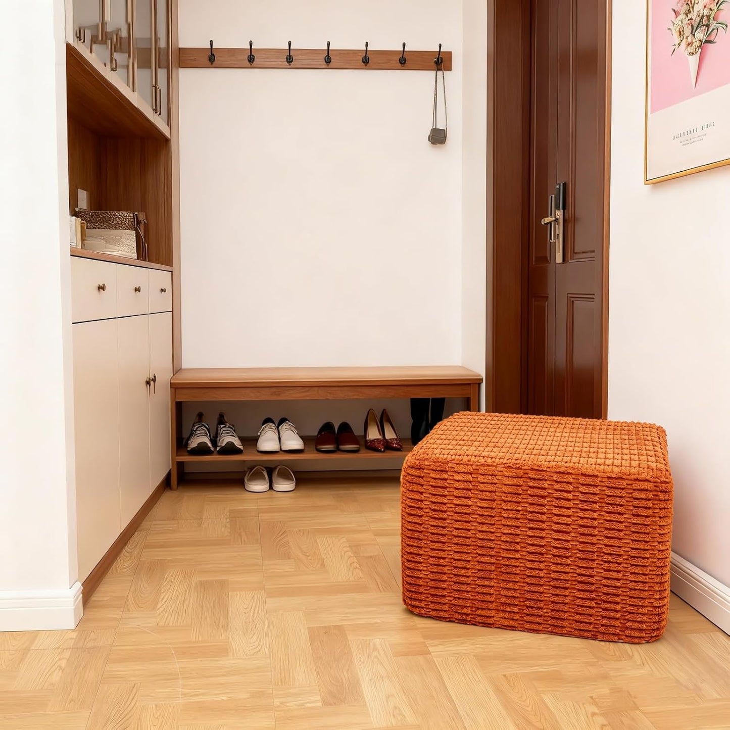 round Square Pouf Ottoman Foot Rest – Lightweight Modern Footstool with Plush Foam Filling, Perfect for Living Room Decor & Cozy Comfort – 20X20X14 Inch Chic Accent Piece (Burnt Orange)