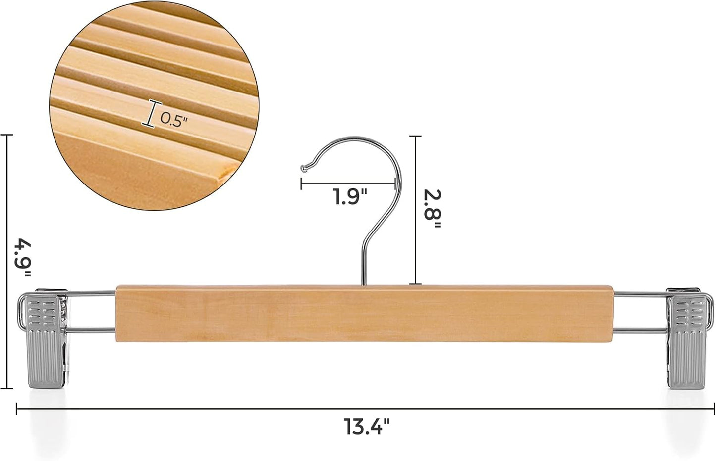 Wooden Pants Hangers 12 Pack, Pants Hangers with Clips, Adjustable Anti-Rust Metal Clips, 360° Swivel Hook, Skirt Hangers for Pant, Skirts, Natural Grain UCRW008-12