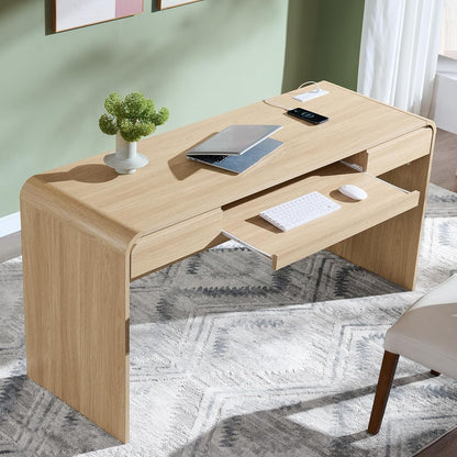 63" Modern Computer Desk with 2 Drawers, Wood Curved (Natural)