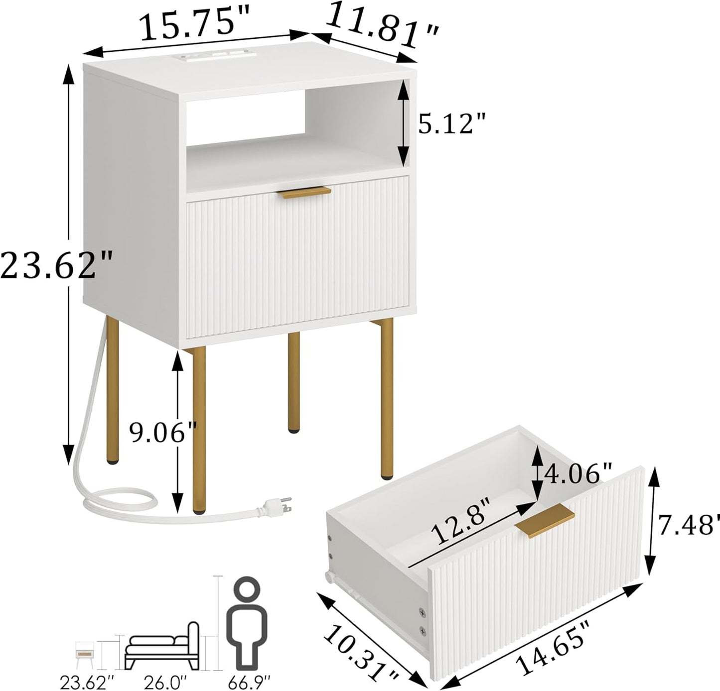 Modern Nightstand with Charging Station and LED Lights, White Bedside Table with Drawer, Fluted Side Table for Living Room, Bedroom