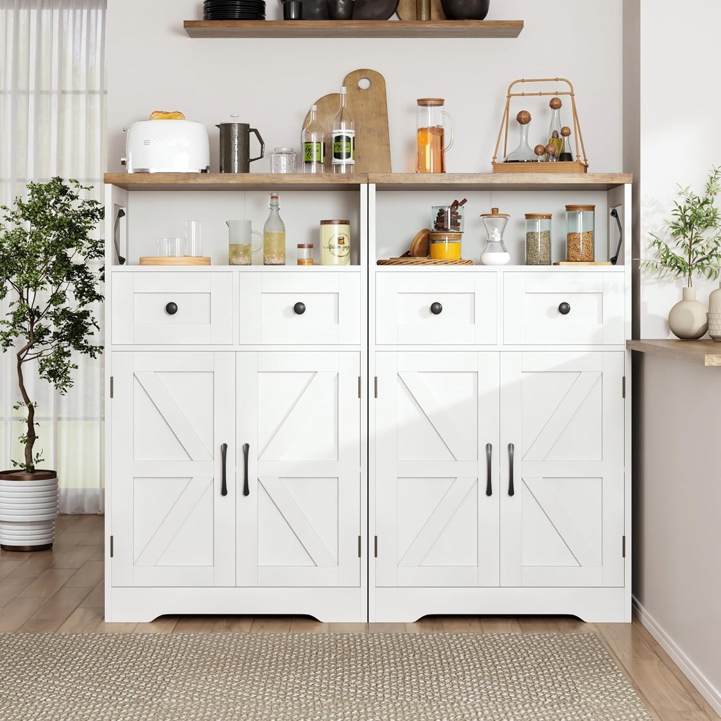 Farmhouse White Storage Cabinet with Doors and Drawers, Freestanding Kitchen Pantry Cabinet, Floor Storage Cabinet Hutch Cupboard for Kitchen, Living Dining Room, Bathroom