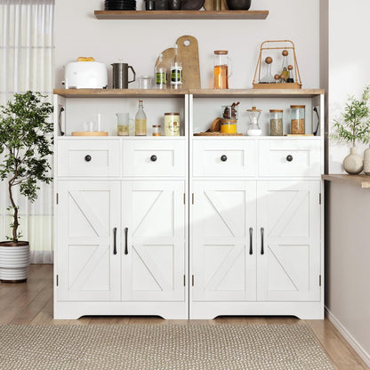 Farmhouse White Storage Cabinet with Doors and Drawers, Freestanding Kitchen Pantry Cabinet, Floor Storage Cabinet Hutch Cupboard for Kitchen, Living Dining Room, Bathroom