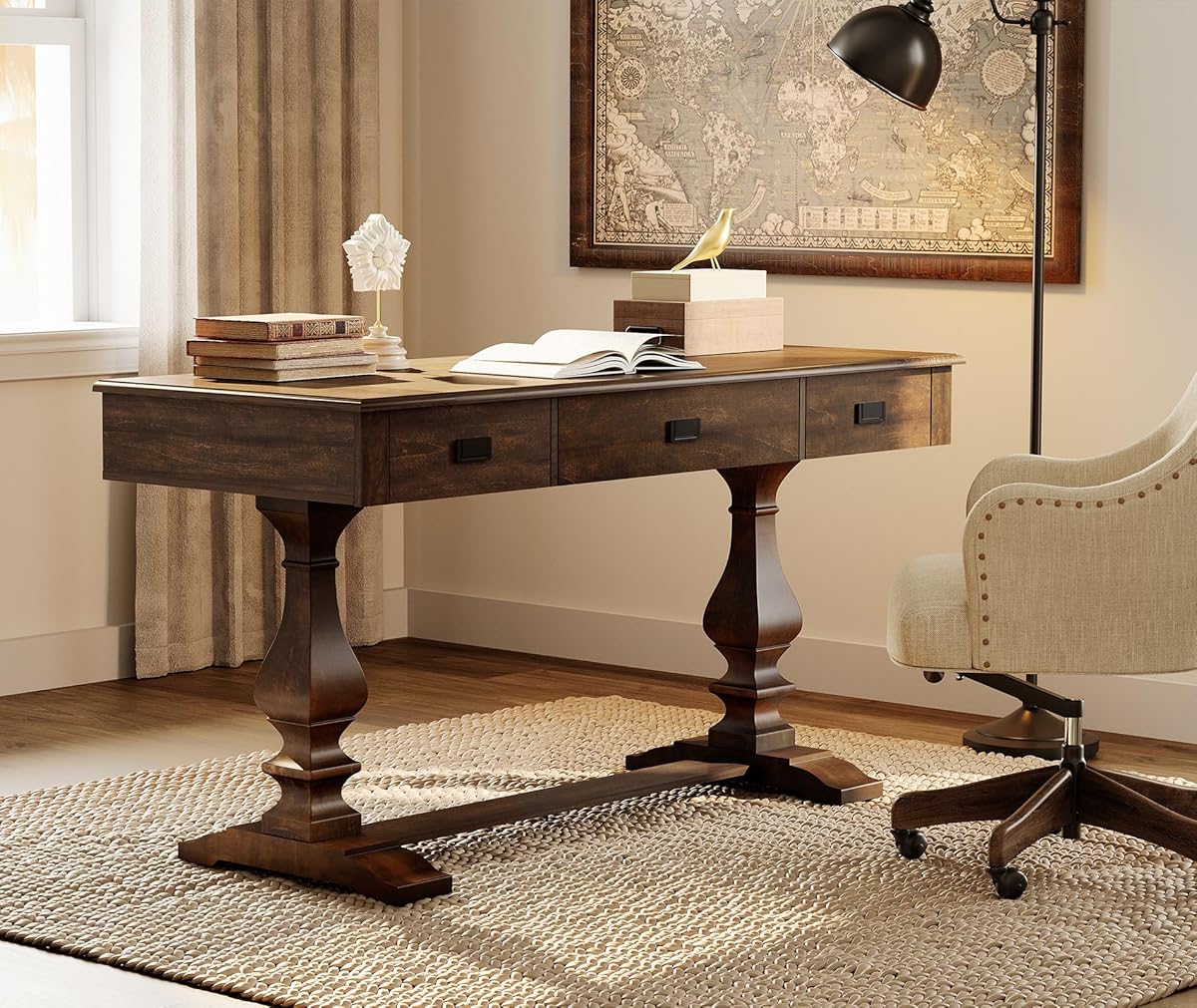 60-inch Vintage Wood Home Office Desk, Dark Walnut Brown