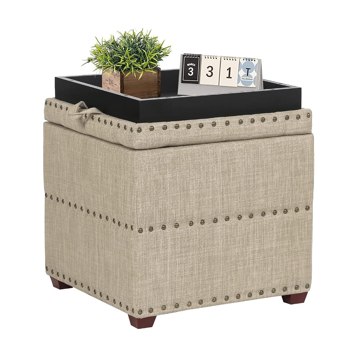 High Cube Ottoman in Beige Wood Legs