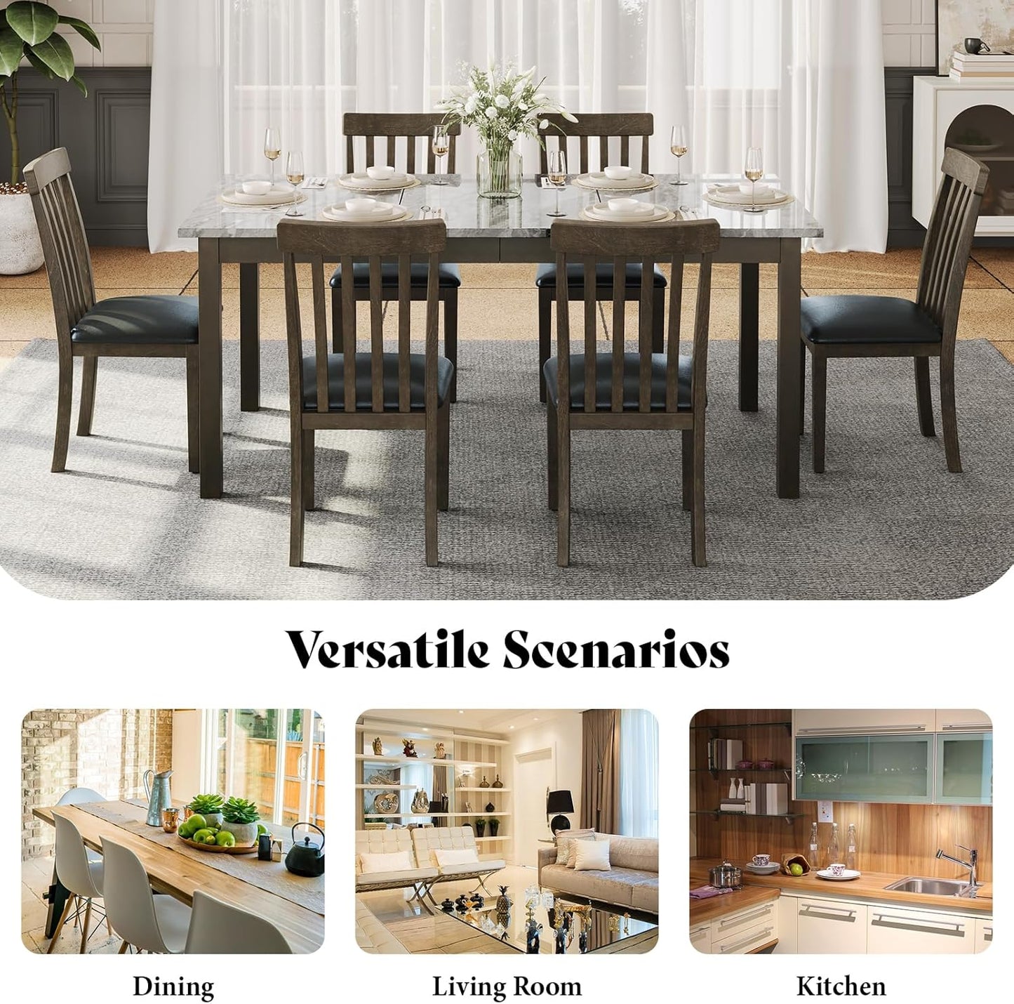 7-Piece Dining Table Set, 71" Faux Marble Modern Table with 6 PU Leather Upholstered Chairs, Heavy-Duty Solid Wood Set for Kitchen & Dining Room, Dark Brown