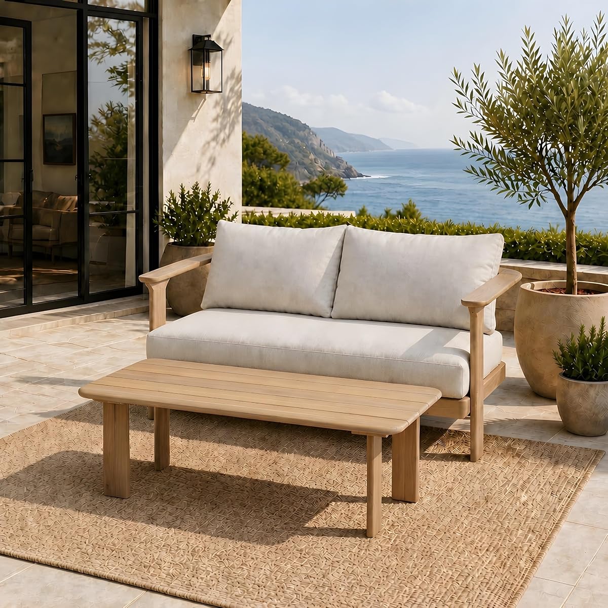 Kera Acacia Wood Outdoor Loveseat and Coffee Table Set, 2 Piece Patio Furniture Set with Water-Repellent Cushion, Solid Wood Outdoor Conversation Set, Beige+Brown