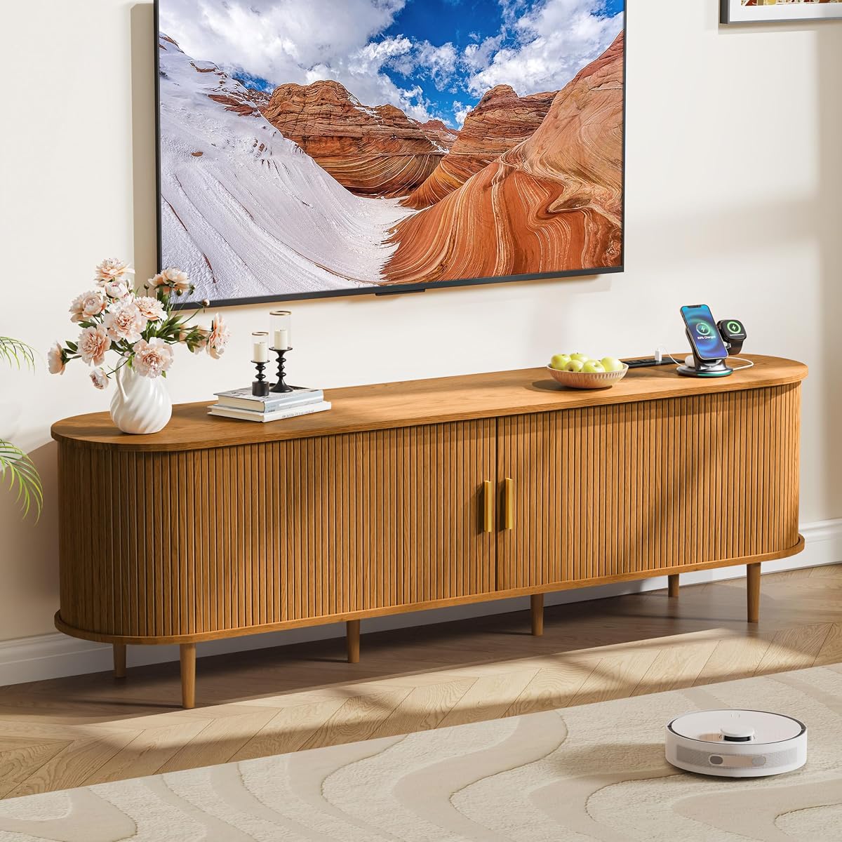 70.8 Inch Mid Century Modern TV Stand with Power Outlet for TVs up to 80 Inch