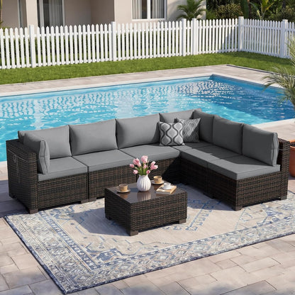 CHABATREE 7pcs Outdoor Patio Furniture Sets,Rattan Conversation Sectional Set,Manual Weaving Wicker Patio Sofa with Tea Table