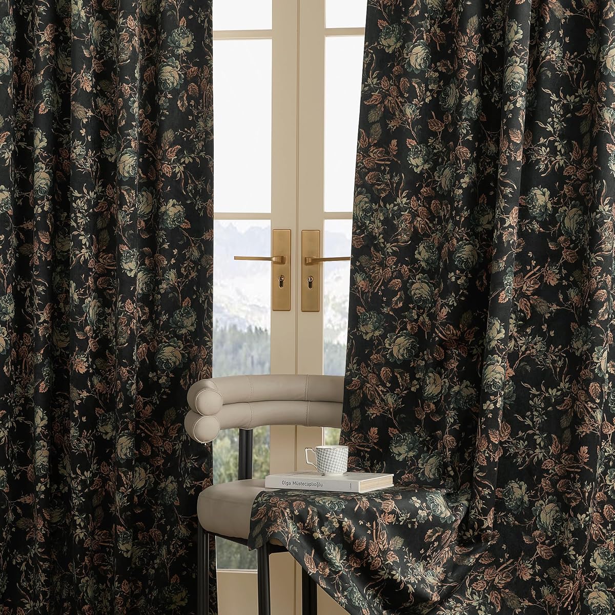 1 Panel Custom Vintage Floral Curtain 300GSM Thick Velvet Print Curtain Soft Thermal Insulated Privacy Window Drapes for Bedroom Dining Living Room Bathroom