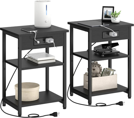 End Tables Set of 2 with Charging Station USB Ports, 3 Tier Tall Night Stand with Storage Shelves, Record Player Stand Narrow Side Table for Small Space Living Room Bedroom Office, Easy Assembly,Black