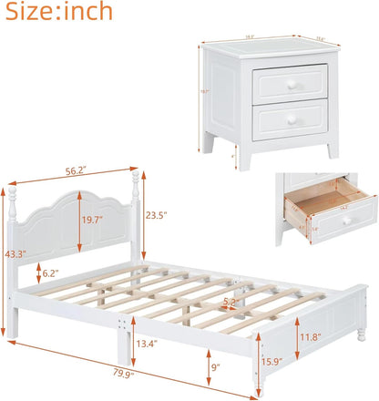 3-Pieces Bedroom Sets,Full Size Wood Platform Bed Frame for Boys Girls Kids Adults Toddler and Two Nightstands-White