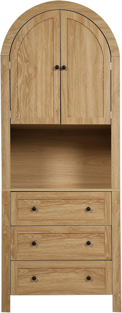 71” Tall Arched Storage Cabinet with Drawer,Farmhouse Arched Bookcase with Door,Freestanding Arch Tall Pantry with Countertop for Kitchen Living Room (Natrual, 71Inch)