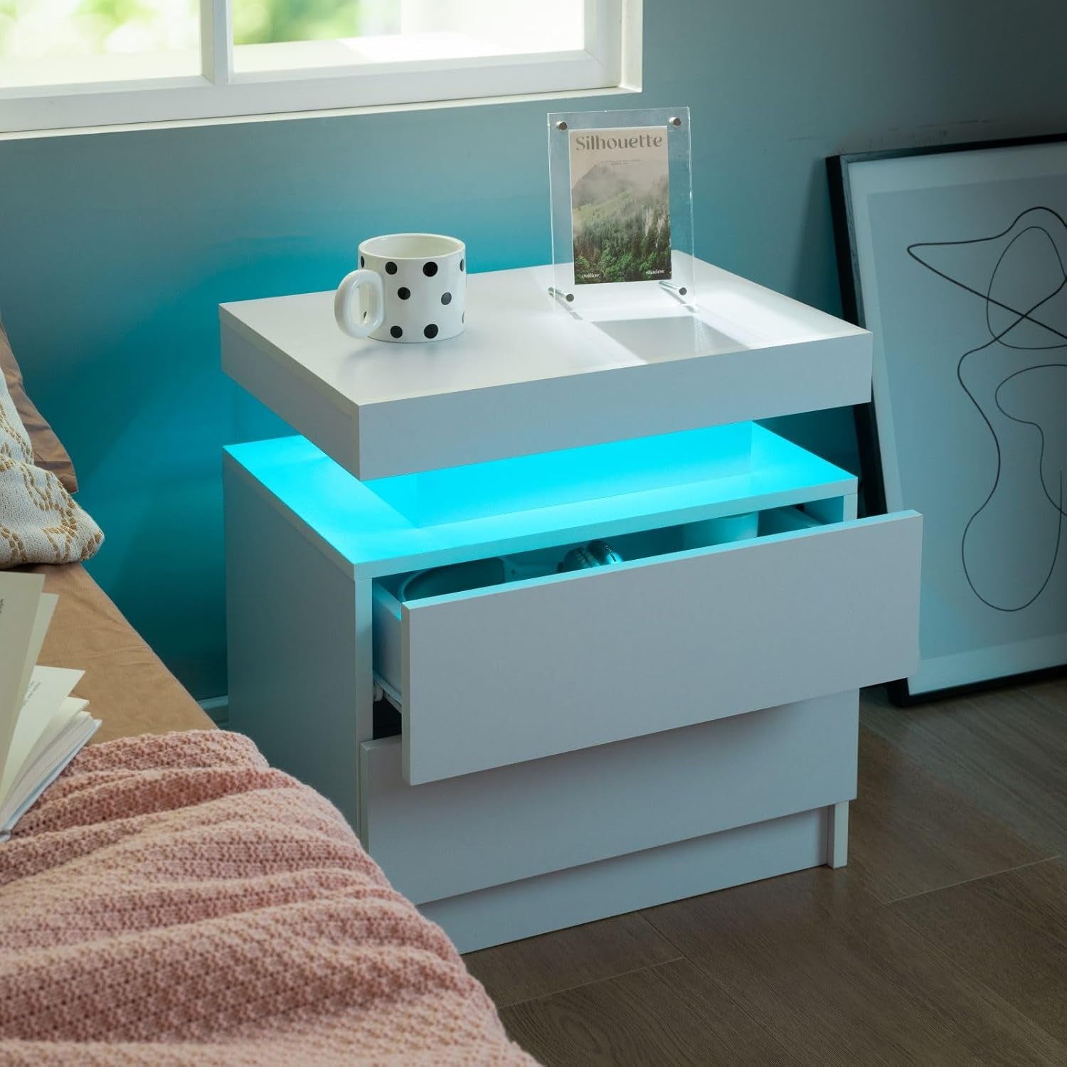 Nightstand Set of 2 LED Nightstand with 2 Drawers,Night Stand Set 2 with LED Light,Bedside Table with Drawers for Bedroom,White
